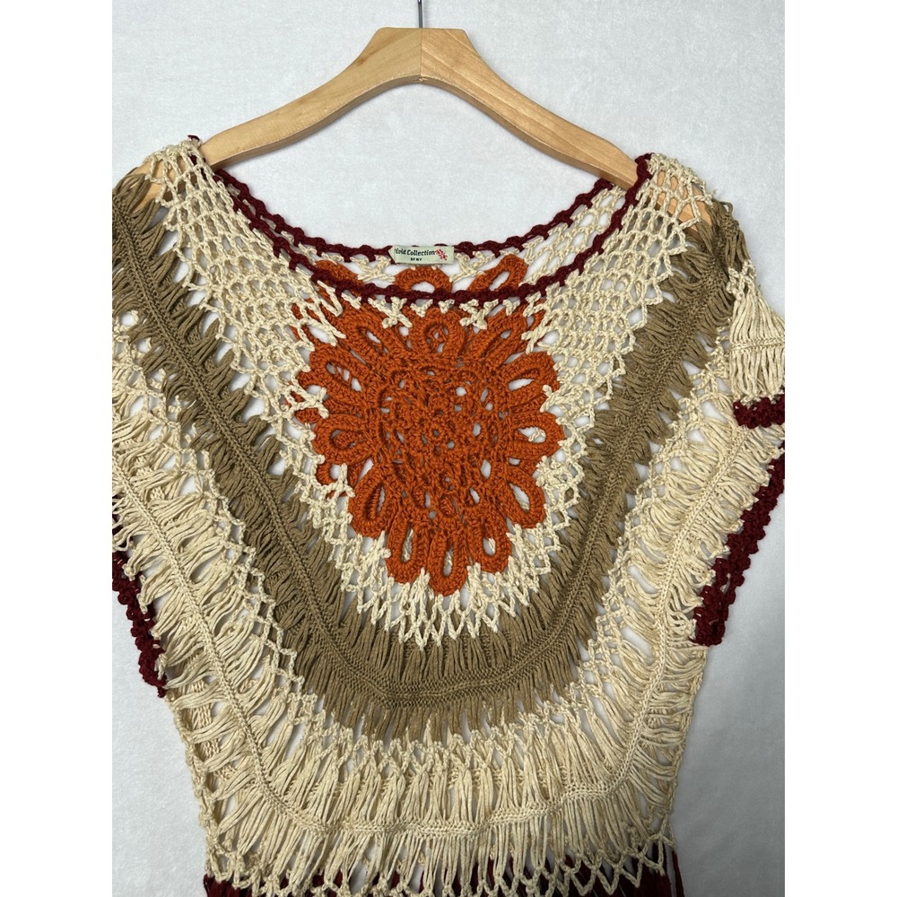 Vivid Collection of NY Crochet Knit Poncho Top Boho Fringe Cream Orange Burgundy